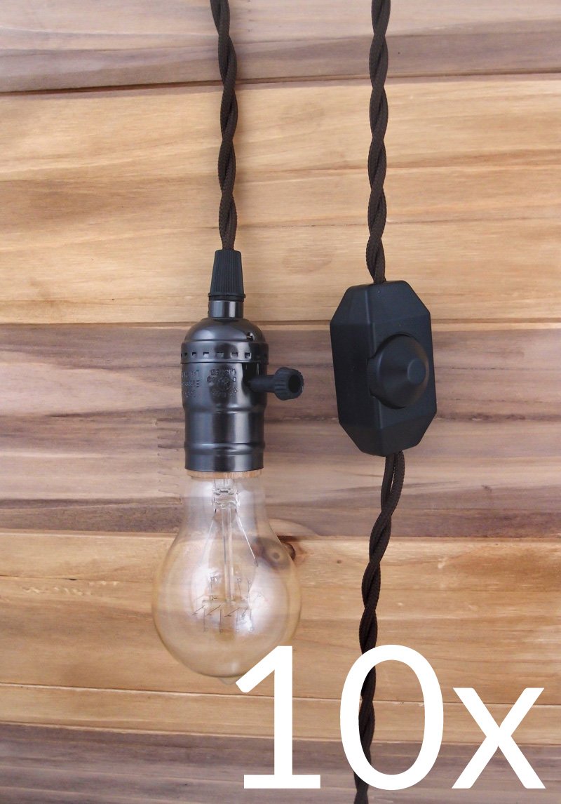 BULK PACK (10) Single Pearl Black Socket Pendant Light Lamp Cord Kits w/ Dimmer Switch (11FT, Brown Cloth) - AsianImportStore.com - B2B Wholesale Lighting and Decor