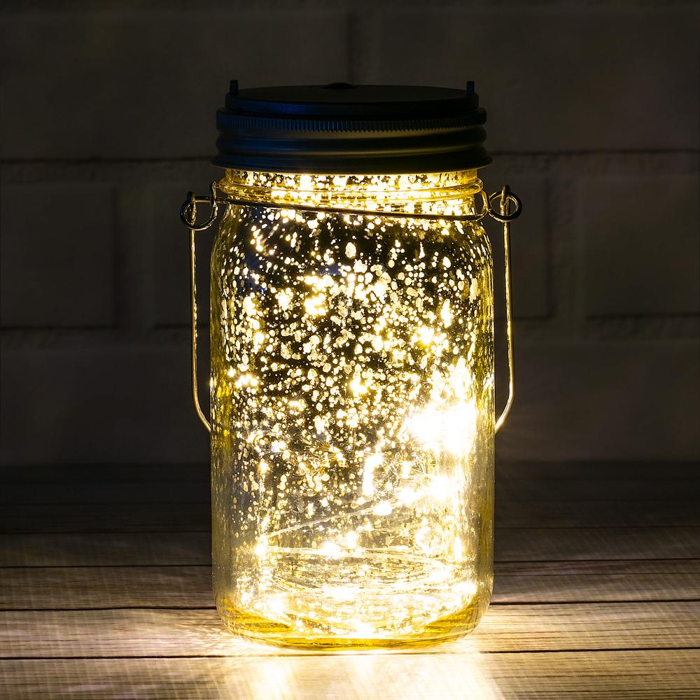 Fantado Wide Mouth Gold Mercury Glass Mason Jar w/ Hanging Warm White LED Fairy Light Kit (Battery Powered) - AsianImportStore.com - B2B Wholesale Lighting and Decor