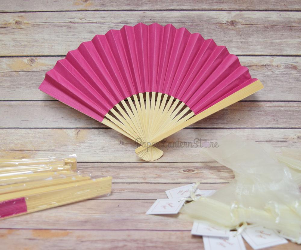 9" Fuchsia / Hot Pink Paper Hand Fans w/ Beige Organza Bag (Combo 10 Pack) - AsianImportStore.com - B2B Wholesale Lighting and Decor