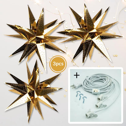3-PACK + Cord | Gold Moravian Multi-Point 24" Illuminated Paper Star Lanterns and Lamp Cord Hanging Decorations - AsianImportStore.com - B2B Wholesale Lighting and Decor