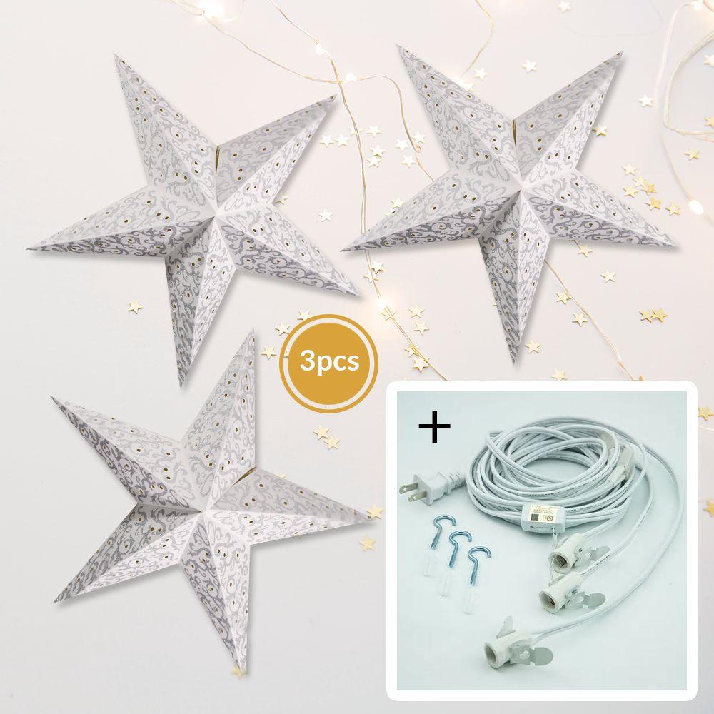 3-PACK + Cord | Silver Glitter Bramble 24" Illuminated Paper Star Lanterns and Lamp Cord Hanging Decorations - AsianImportStore.com - B2B Wholesale Lighting and Decor