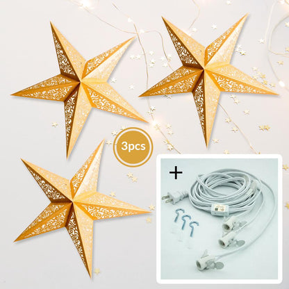 3-PACK + Cord | Gold Christmas Holiday Glitter 24" Illuminated Paper Star Lanterns and Lamp Cord Hanging Decorations - AsianImportStore.com - B2B Wholesale Lighting and Decor