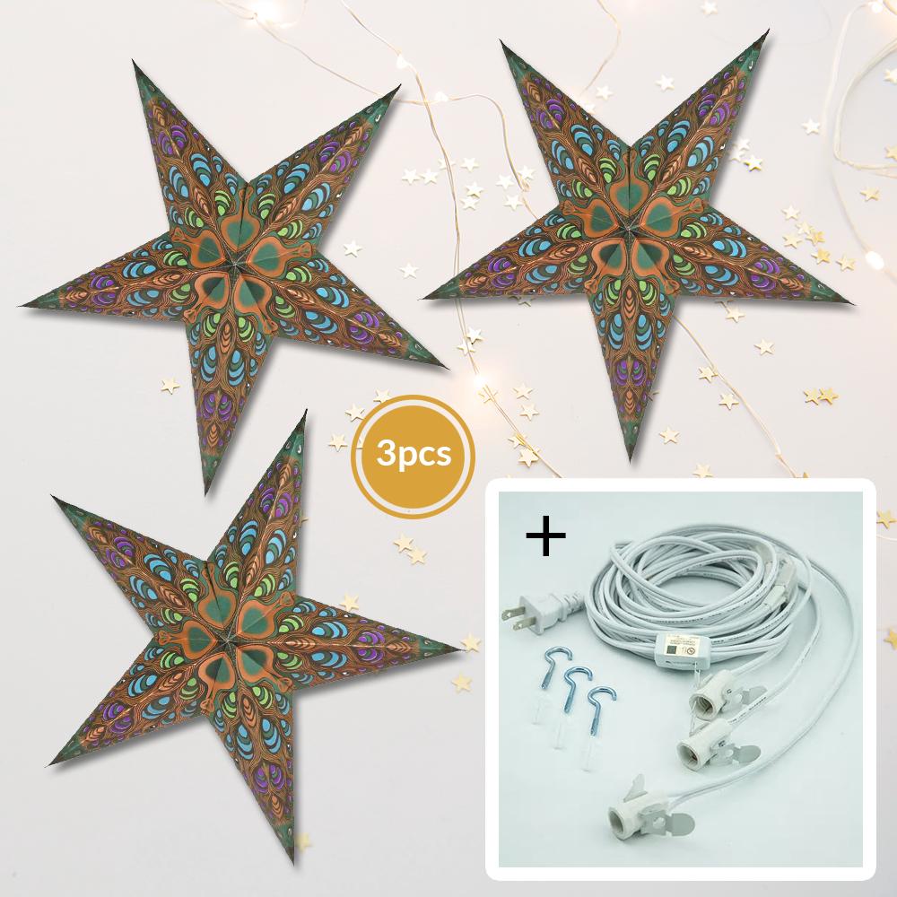 3-PACK + Cord | Gold Peacock 24" Illuminated Paper Star Lanterns and Lamp Cord Hanging Decorations - AsianImportStore.com - B2B Wholesale Lighting and Decor