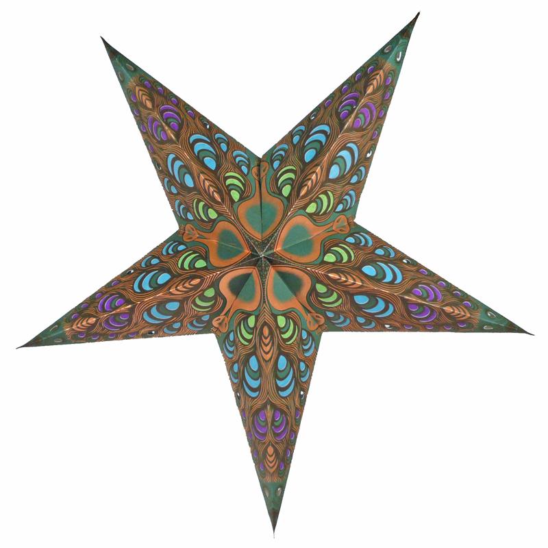 24" Gold Green Peacock Paper Star Lantern, Chinese Hanging Wedding & Party Decoration - AsianImportStore.com - B2B Wholesale Lighting and Decor