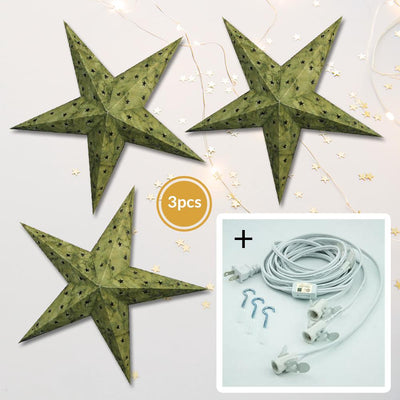 3-PACK + Cord | Green Batik Cut-Out 24" Illuminated Paper Star Lanterns and Lamp Cord Hanging Decorations - AsianImportStore.com - B2B Wholesale Lighting and Decor