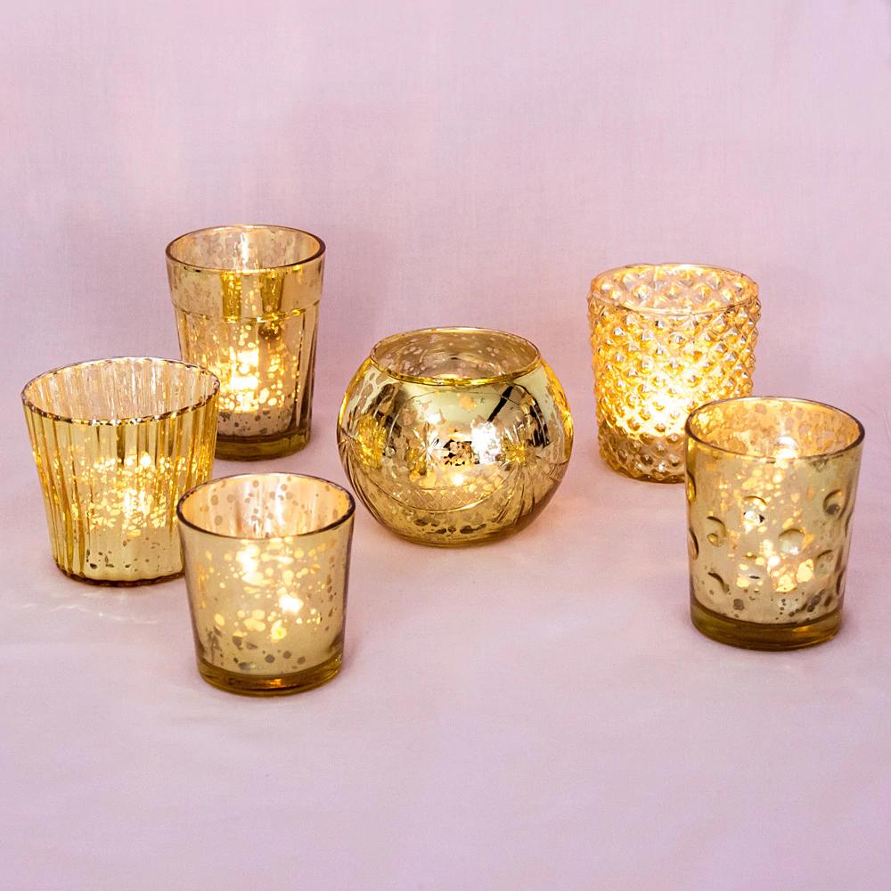 Best of Show Vintage Mercury Glass Votive Tea Light Candle Holders - Gold (6 PACK, Assorted Designs) - AsianImportStore.com - B2B Wholesale Lighting & Decor since 2002