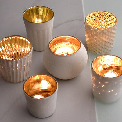 Best of Show Vintage Mercury Glass Votive Tea Light Candle Holders - Antique White (6 PACK, Assorted Designs) - AsianImportStore.com - B2B Wholesale Lighting and Decor