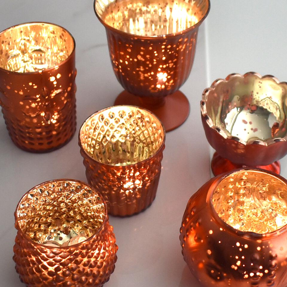 Vintage Glam Rustic Copper Red Mercury Glass Tea Light Votive Candle Holders (6 PACK, Assorted Designs and Sizes) - AsianImportStore.com - B2B Wholesale Lighting & Decor since 2002