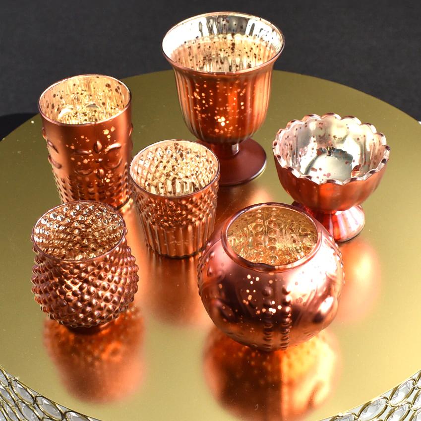 Vintage Glam Rustic Copper Red Mercury Glass Tea Light Votive Candle Holders (6 PACK, Assorted Designs and Sizes) - AsianImportStore.com - B2B Wholesale Lighting & Decor since 2002