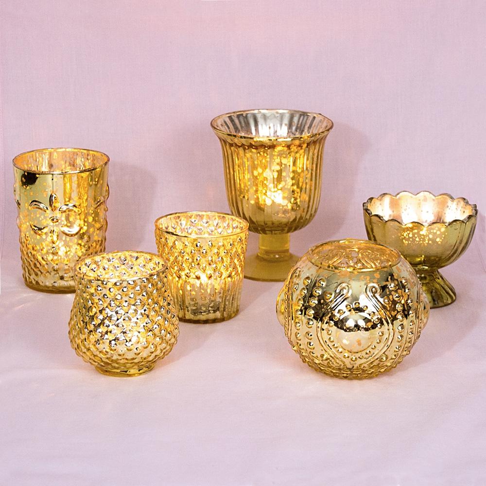 Vintage Glam Gold Mercury Glass Tea Light Votive Candle Holders (6 PACK, Assorted Designs and Sizes) - AsianImportStore.com - B2B Wholesale Lighting & Decor since 2002