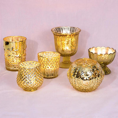 Vintage Glam Gold Mercury Glass Tea Light Votive Candle Holders (6 PACK, Assorted Designs and Sizes) - AsianImportStore.com - B2B Wholesale Lighting & Decor since 2002