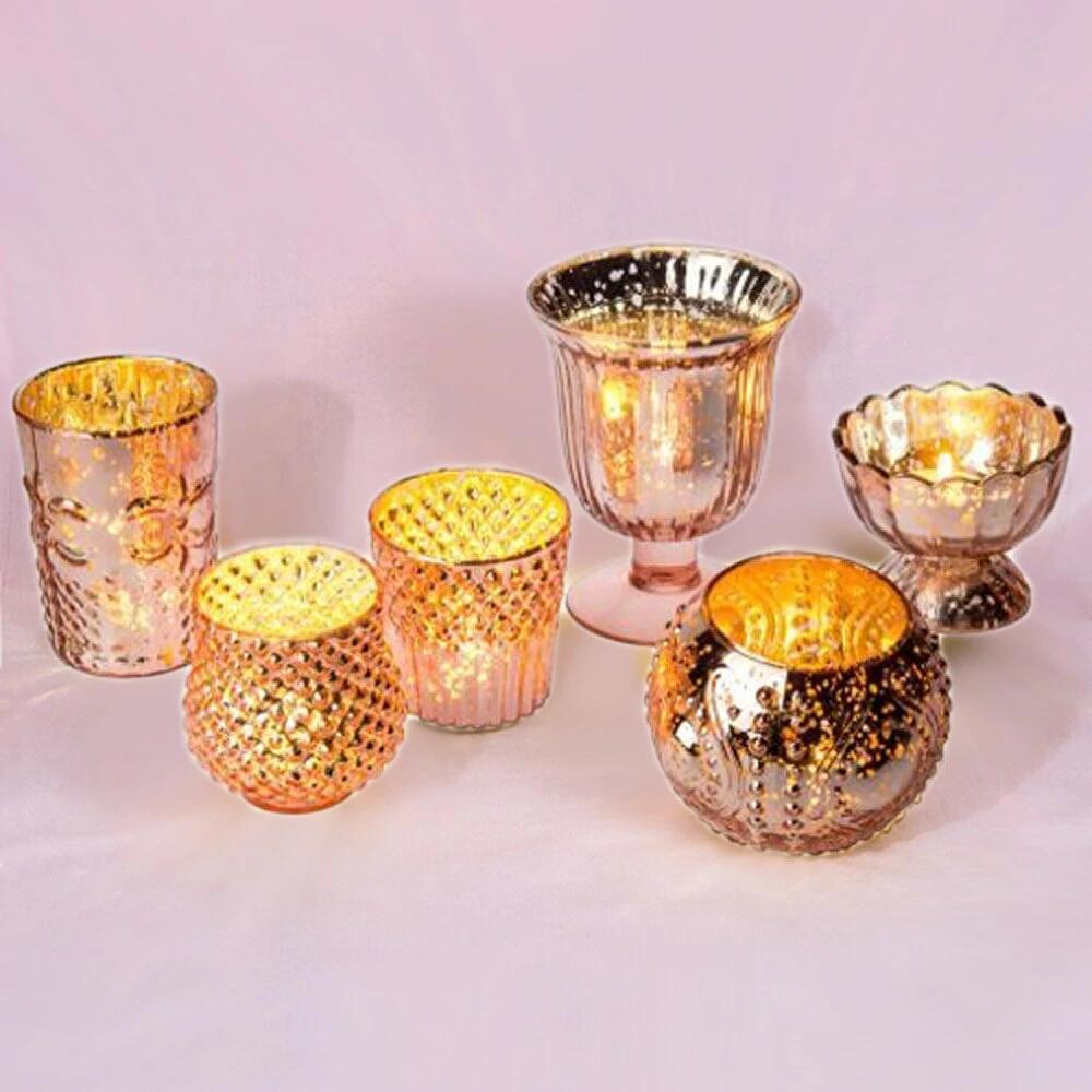 Vintage Glam Rose Gold Pink Mercury Glass Tea Light Votive Candle Holders (6 PACK, Assorted Designs and Sizes) - AsianImportStore.com - B2B Wholesale Lighting & Decor since 2002
