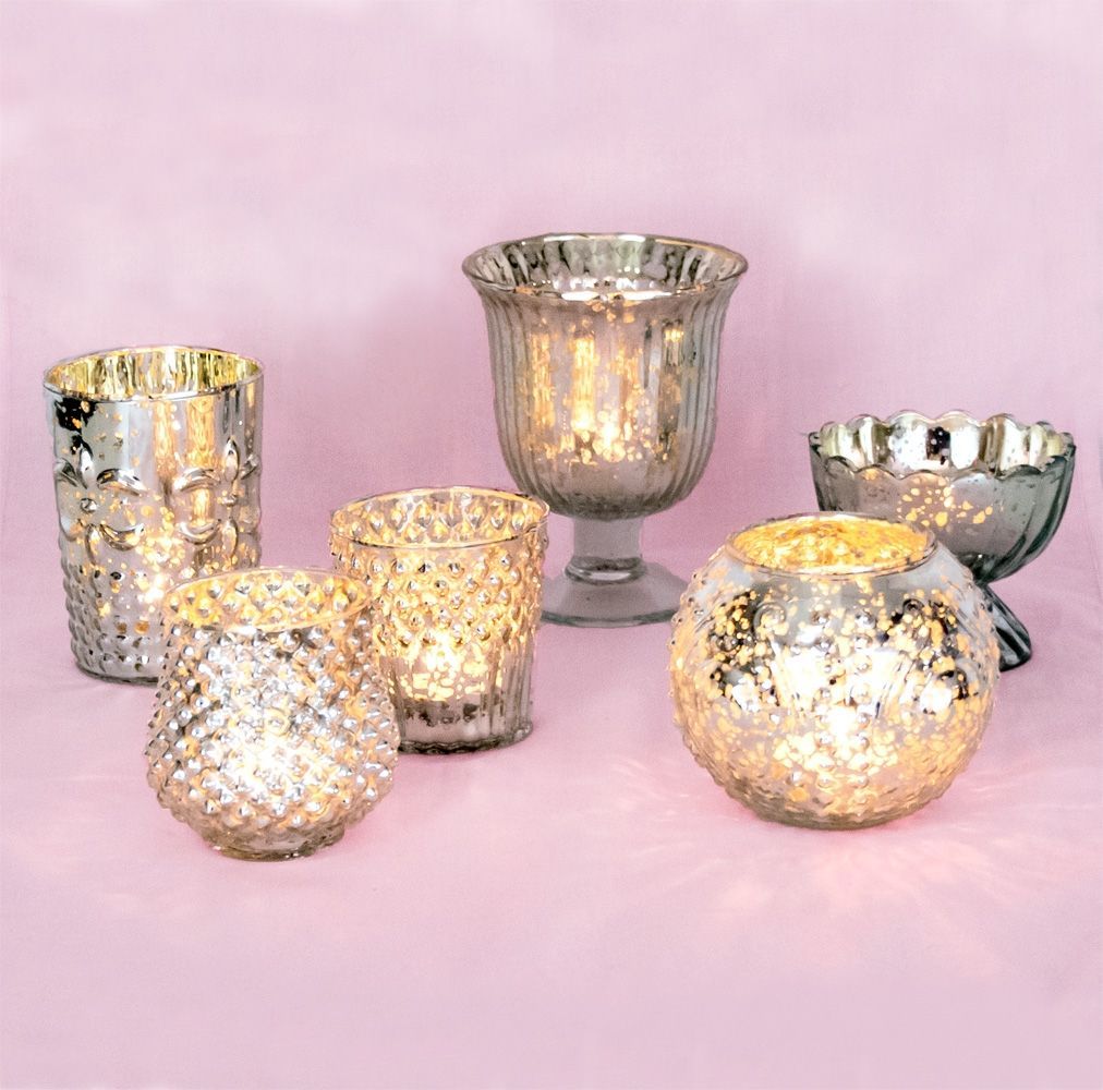 Vintage Glam Silver Mercury Glass Tea Light Votive Candle Holders (6 PACK, Assorted Designs and Sizes) - AsianImportStore.com - B2B Wholesale Lighting & Decor since 2002