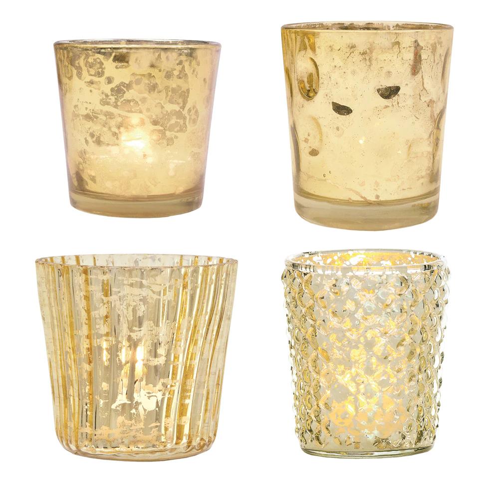 Best of Show Mercury Glass Tealight Votive Candle Holders (Gold, Set of 4, Assorted Styles) - for Weddings, Events, Parties, and Home Décor, Ideal Housewarming Gift - AsianImportStore.com - B2B Wholesale Lighting & Decor since 2002