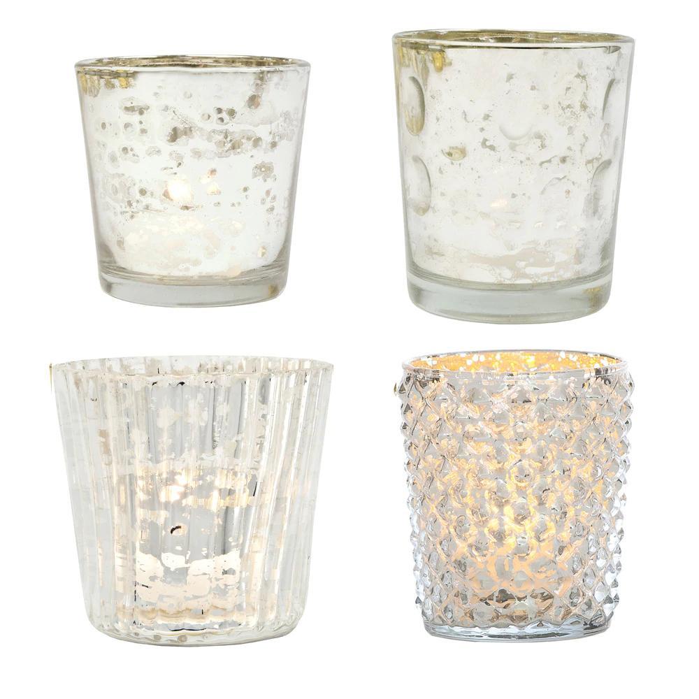 Best of Show Mercury Glass Tealight Votive Candle Holders (Silver, Set of 4, Assorted Styles) - for Weddings, Events, Parties, and Home Décor, Ideal Housewarming Gift
