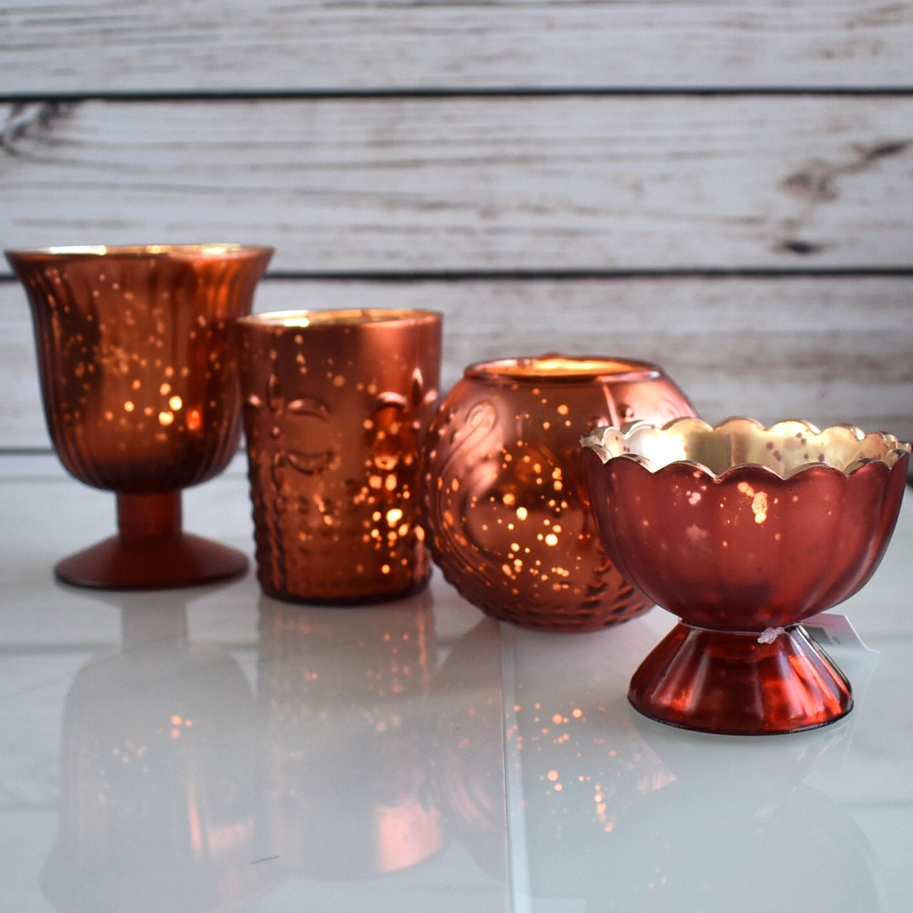 Vintage Glam Mercury Glass Tealight Votive Candle Holders (Rustic Copper Red, Set of 4, Assorted Designs, Sizes) - Weddings Events Parties Home Decor - AsianImportStore.com - B2B Wholesale Lighting & Decor since 2002