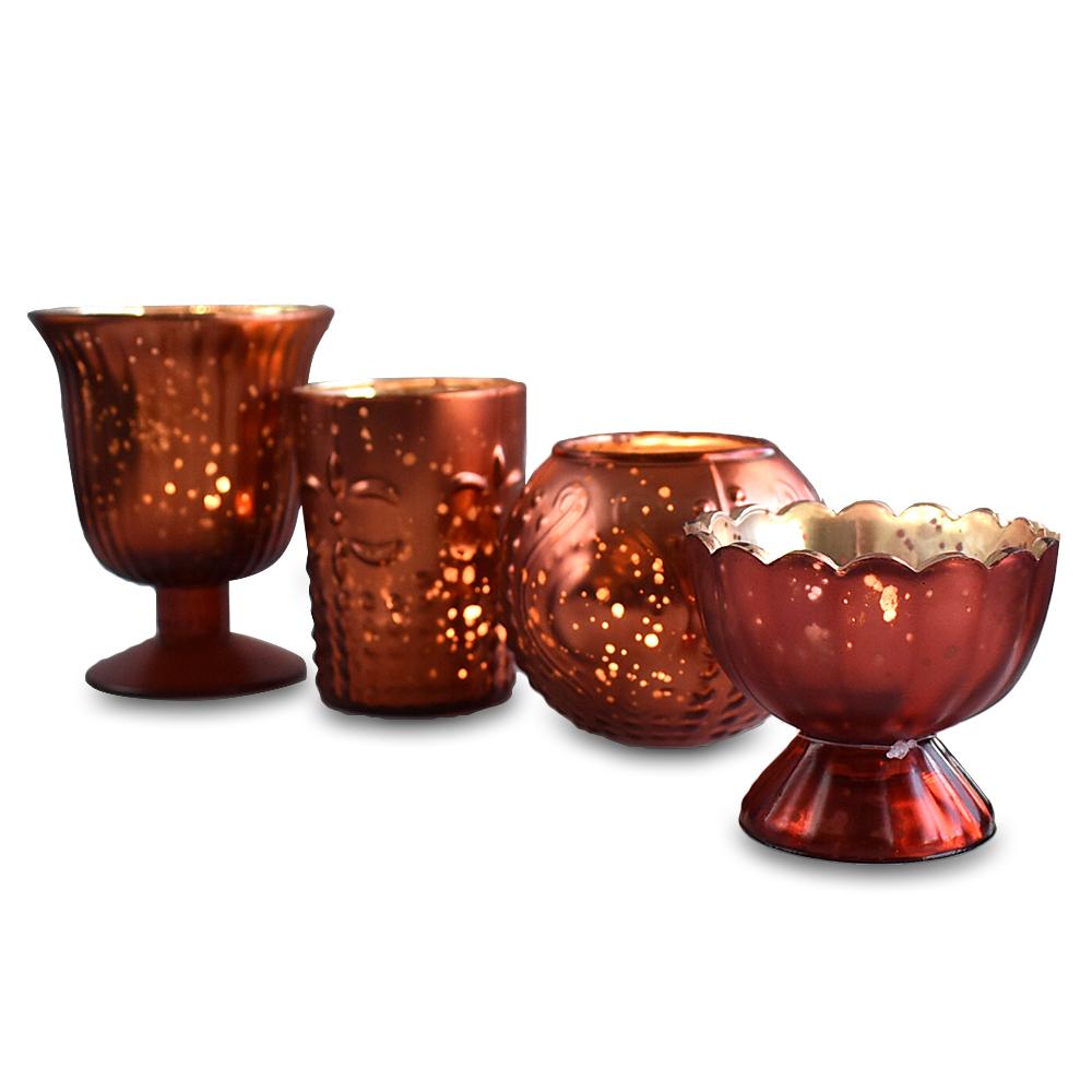 Vintage Glam Mercury Glass Tealight Votive Candle Holders (Rustic Copper Red, Set of 4, Assorted Designs, Sizes) - Weddings Events Parties Home Decor - AsianImportStore.com - B2B Wholesale Lighting & Decor since 2002