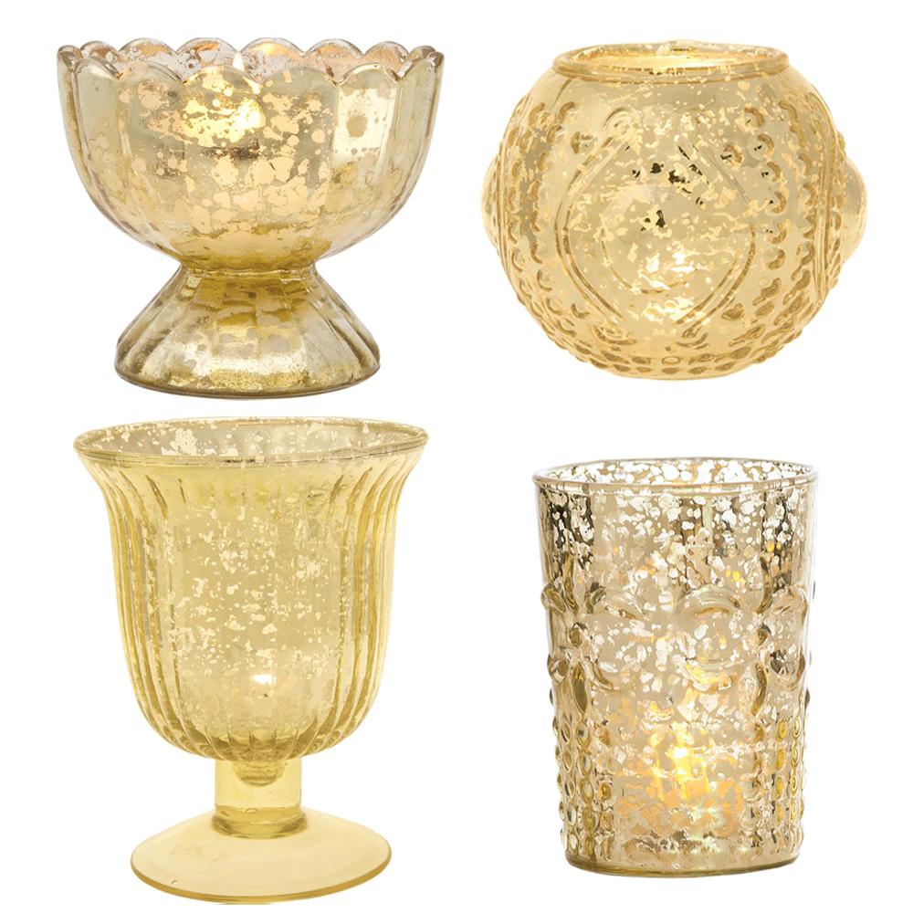 Vintage Glam Mercury Glass Tealight Votive Candle Holders (Gold, Set of 4, Assorted Designs and Sizes) - for Weddings, Events, Parties, and Home D̩cor - AsianImportStore.com - B2B Wholesale Lighting & Decor since 2002