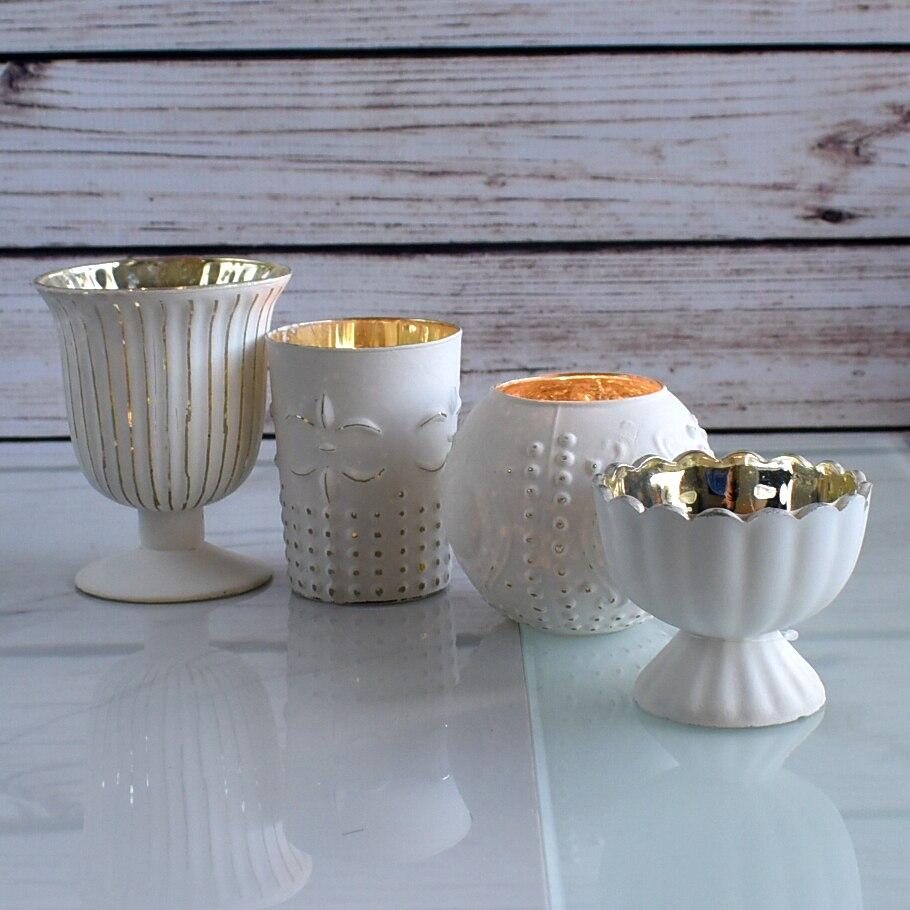 Vintage Glam Mercury Glass Tealight Votive Candle Holders (Pearl White, Set of 4, Assorted Designs and Sizes) - for Weddings, Events and Home Décor - AsianImportStore.com - B2B Wholesale Lighting and Decor