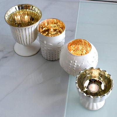 Vintage Glam Mercury Glass Tealight Votive Candle Holders (Antique White, Set of 4, Assorted Designs and Sizes) - for Weddings, Events and Home Décor - AsianImportStore.com - B2B Wholesale Lighting & Decor since 2002