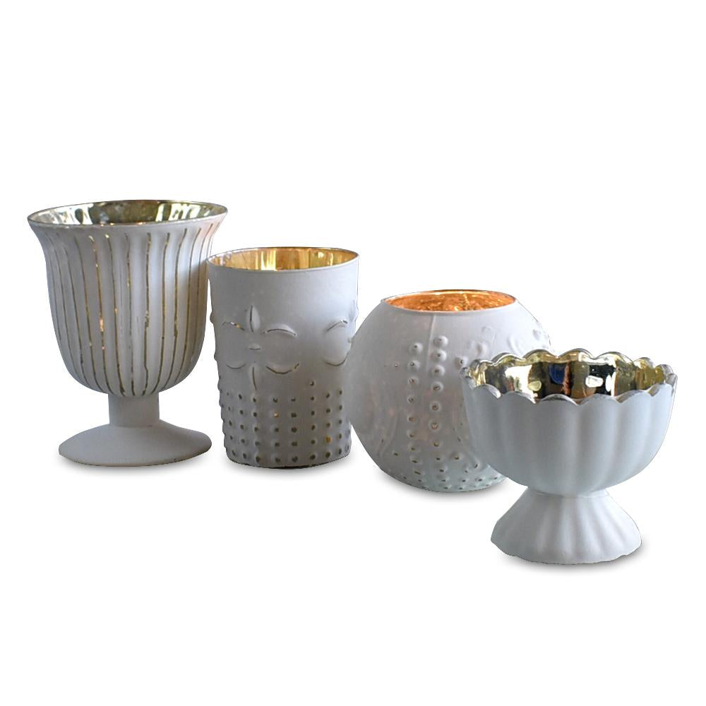 Vintage Glam Mercury Glass Tealight Votive Candle Holders (Antique White, Set of 4, Assorted Designs and Sizes) - for Weddings, Events and Home Décor - AsianImportStore.com - B2B Wholesale Lighting & Decor since 2002