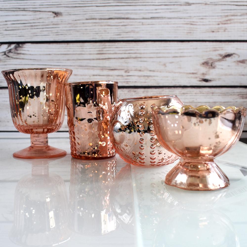 4 Pack | Vintage Glam Mercury Glass Tealight Votive Candle Holders (Rose Gold Pink, Assorted Designs and Sizes) - for Weddings, Events & Home Décor - AsianImportStore.com - B2B Wholesale Lighting & Decor since 2002