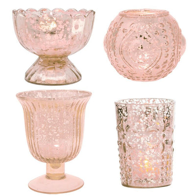 4 Pack | Vintage Glam Mercury Glass Tealight Votive Candle Holders (Rose Gold Pink, Assorted Designs and Sizes) - for Weddings, Events & Home Décor - AsianImportStore.com - B2B Wholesale Lighting & Decor since 2002