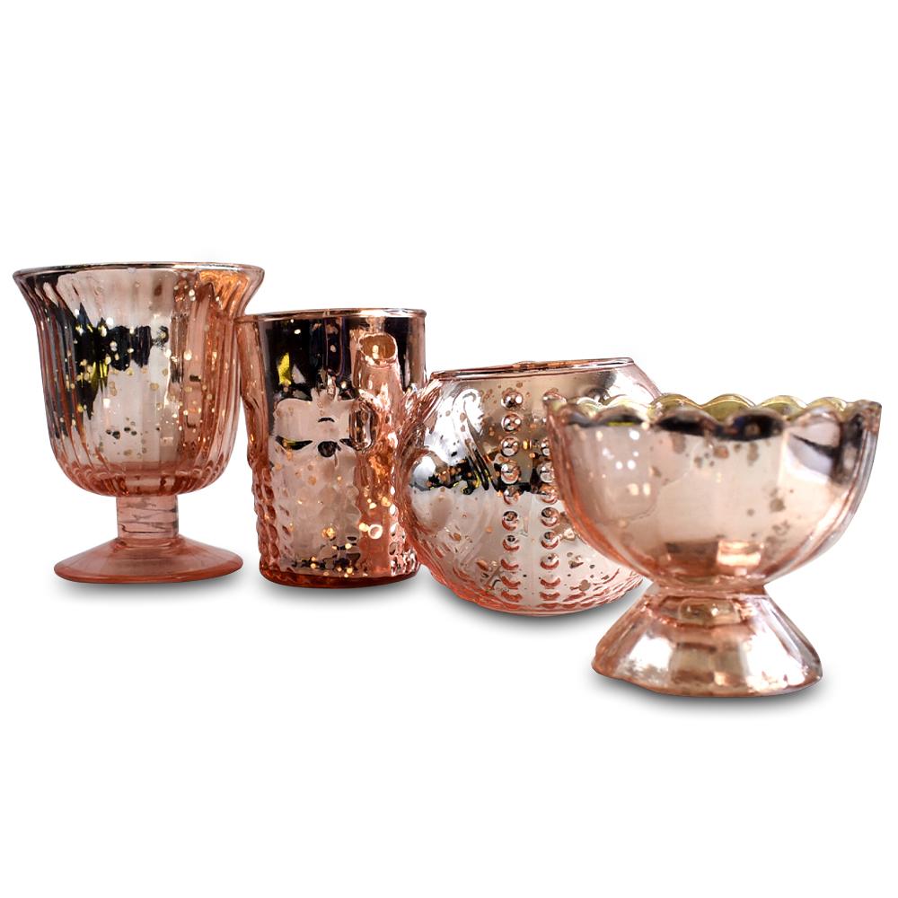 4 Pack | Vintage Glam Mercury Glass Tealight Votive Candle Holders (Rose Gold Pink, Assorted Designs and Sizes) - for Weddings, Events & Home Décor - AsianImportStore.com - B2B Wholesale Lighting & Decor since 2002