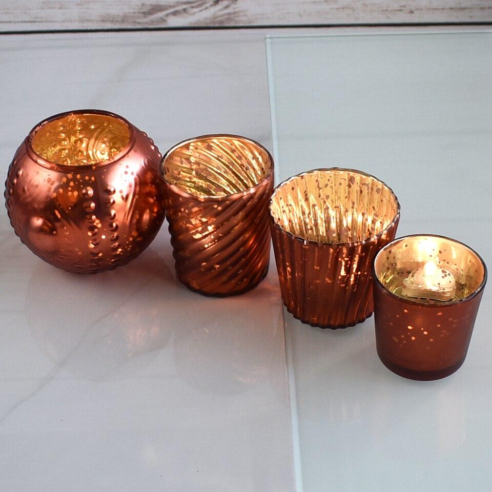  Royal Flush Mercury Glass Tealight Votive Candle Holders (Rustic Copper Red, Set of 4, Assorted Designs and Sizes) - for Weddings and Home Décor - AsianImportStore.com - B2B Wholesale Lighting and Decor