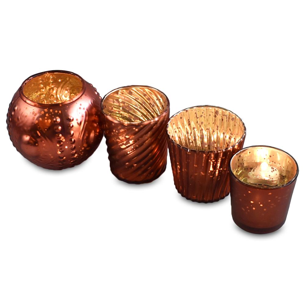  Royal Flush Mercury Glass Tealight Votive Candle Holders (Rustic Copper Red, Set of 4, Assorted Designs and Sizes) - for Weddings and Home Décor - AsianImportStore.com - B2B Wholesale Lighting and Decor