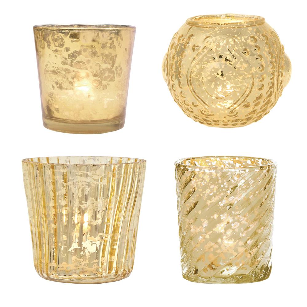 Royal Flush Mercury Glass Tealight Votive Candle Holders (Gold, Set of 4, Assorted Designs and Sizes) - for Weddings, Events, Parties, and Home D̩cor, Ideal Housewarming Gift - AsianImportStore.com - B2B Wholesale Lighting & Decor since 2002