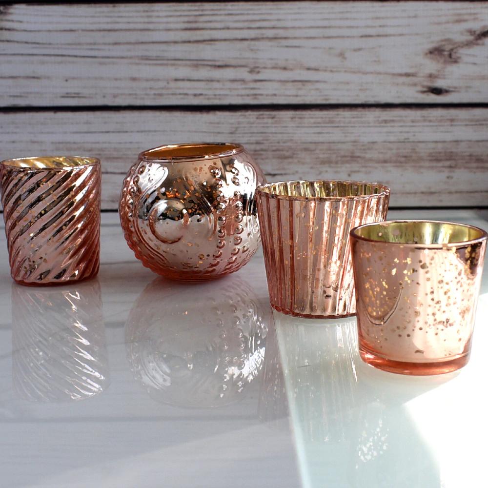 Royal Flush Mercury Glass Tealight Votive Candle Holders (Rose Gold Pink, Set of 4, Assorted Designs and Sizes) - for Weddings, Events, Parties, and Home Décor, Ideal Housewarming Gift - AsianImportStore.com - B2B Wholesale Lighting & Decor since 2002