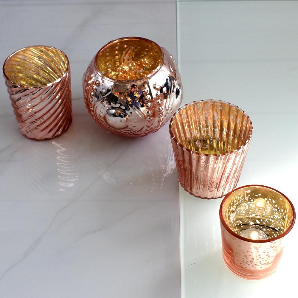 Royal Flush Mercury Glass Tealight Votive Candle Holders (Rose Gold Pink, Set of 4, Assorted Designs and Sizes) - for Weddings, Events, Parties, and Home Décor, Ideal Housewarming Gift - AsianImportStore.com - B2B Wholesale Lighting & Decor since 2002