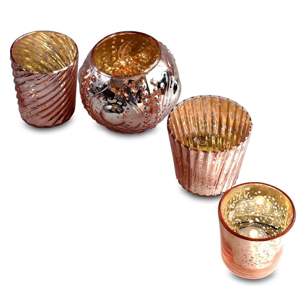 Royal Flush Mercury Glass Tealight Votive Candle Holders (Rose Gold Pink, Set of 4, Assorted Designs and Sizes) - for Weddings, Events, Parties, and Home Décor, Ideal Housewarming Gift - AsianImportStore.com - B2B Wholesale Lighting & Decor since 2002