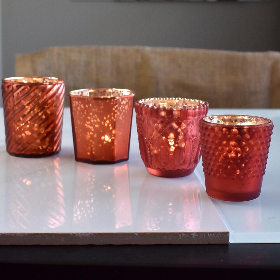  4 Pack | Vintage Chic Mercury Glass Tealight Votive Candle Holders (Rustic Copper Red, Assorted Designs and Sizes) - for Weddings, Events & Home Décor - AsianImportStore.com - B2B Wholesale Lighting and Decor