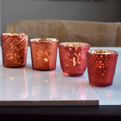 4 Pack | Vintage Chic Mercury Glass Tealight Votive Candle Holders (Rustic Copper Red, Assorted Designs and Sizes) - for Weddings, Events & Home Décor - AsianImportStore.com - B2B Wholesale Lighting and Decor