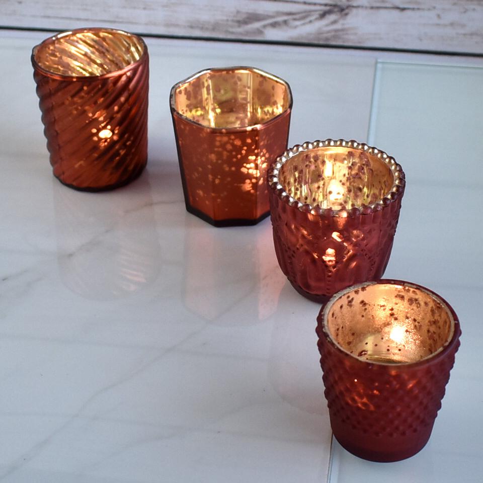 4 Pack | Vintage Chic Mercury Glass Tealight Votive Candle Holders (Rustic Copper Red, Assorted Designs and Sizes) - for Weddings, Events & Home Décor - AsianImportStore.com - B2B Wholesale Lighting and Decor