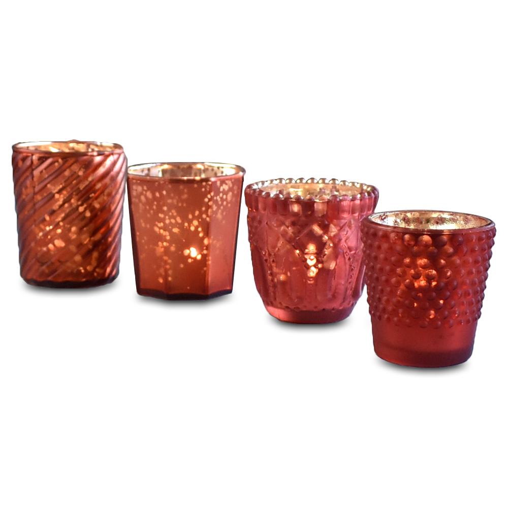4 Pack | Vintage Chic Mercury Glass Tealight Votive Candle Holders (Rustic Copper Red, Assorted Designs and Sizes) - for Weddings, Events & Home Décor - AsianImportStore.com - B2B Wholesale Lighting and Decor