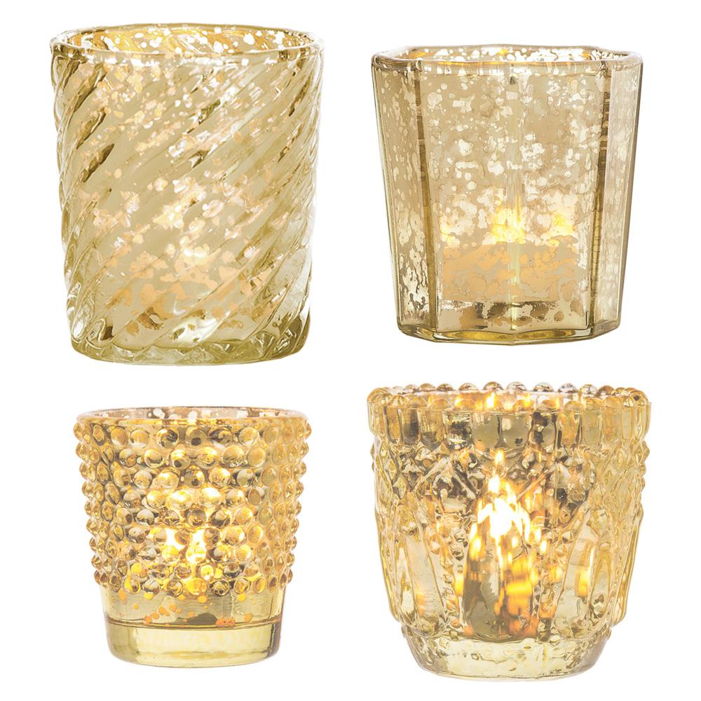 Vintage Chic Mercury Glass Tealight Votive Candle Holders (Gold, Set of 4, Assorted Designs and Sizes) - Weddings, Events, Parties, and Home Décor - AsianImportStore.com - B2B Wholesale Lighting & Decor since 2002