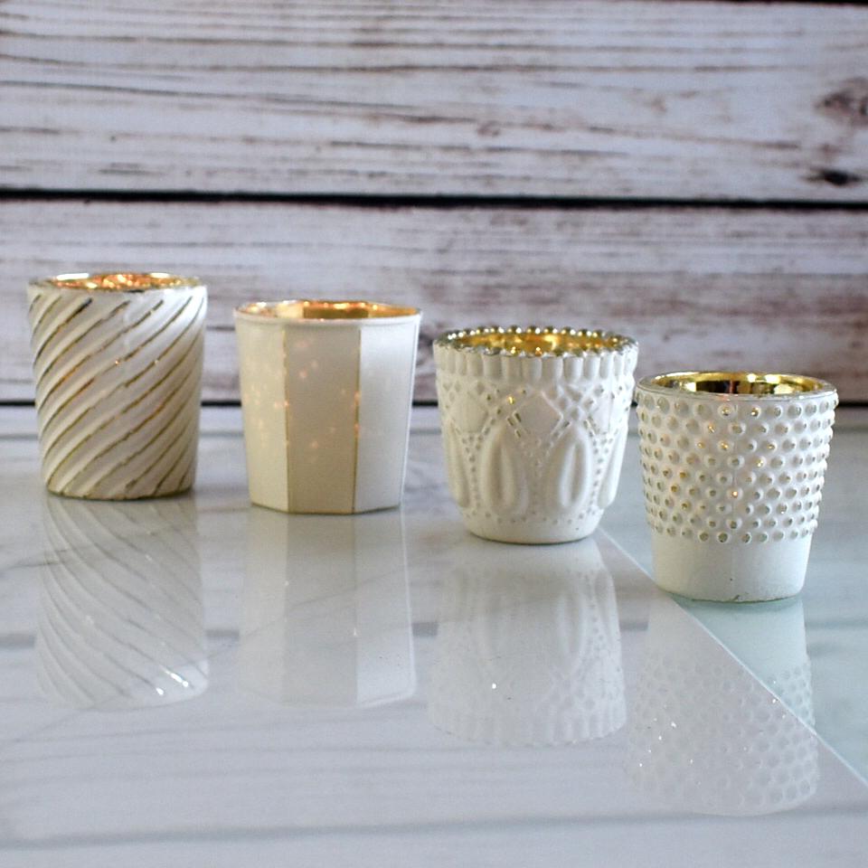 Vintage Chic Mercury Glass Tealight Votive Candle Holders (Antique White, Set of 4, Assorted Designs and Sizes) - for Weddings, Events and Home Décor - AsianImportStore.com - B2B Wholesale Lighting and Decor