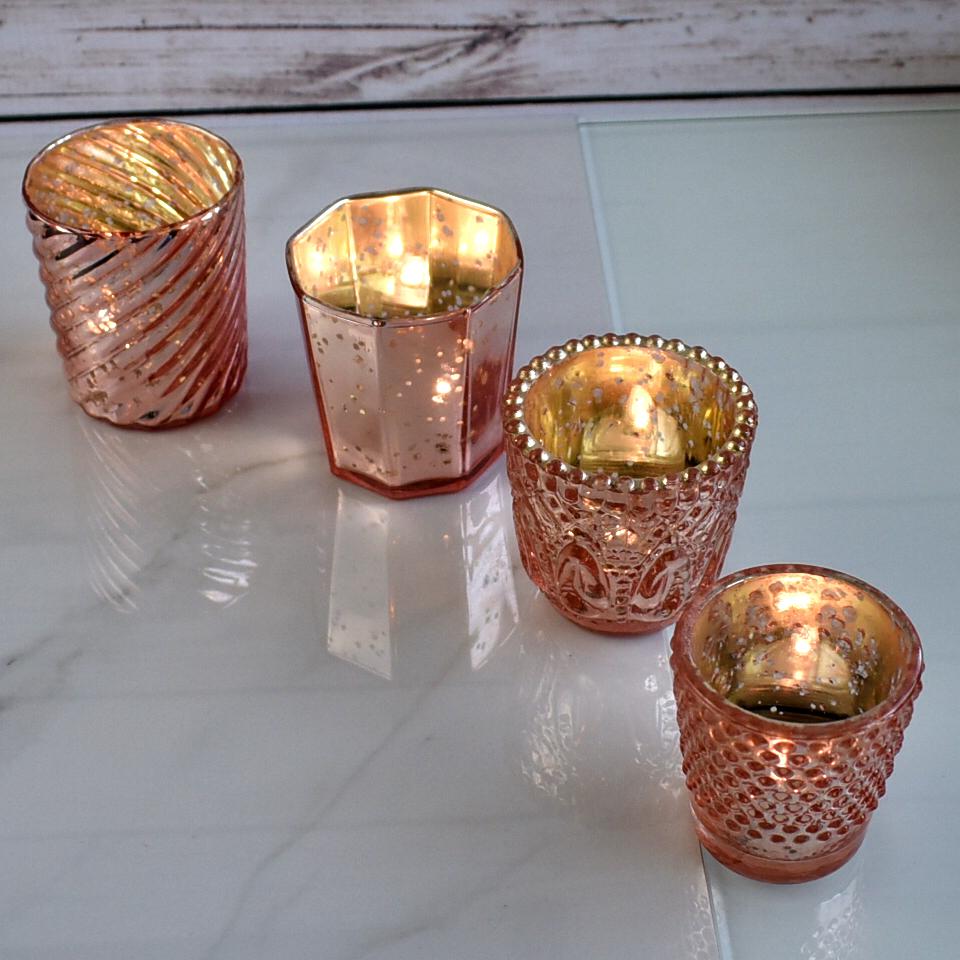 Vintage Chic Mercury Glass Tealight Votive Candle Holders (Rose Gold Pink, Set of 4, Assorted Designs and Sizes) - AsianImportStore.com - B2B Wholesale Lighting & Decor since 2002