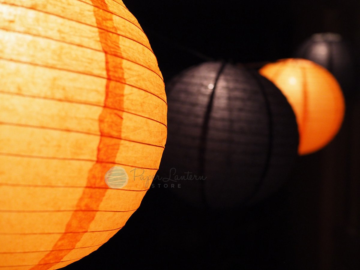 8" Halloween Black and Orange Paper Lantern String Light Party Decoration COMBO Kit (12 FT, EXPANDABLE, Black Cord) - AsianImportStore.com - B2B Wholesale Lighting and Decor