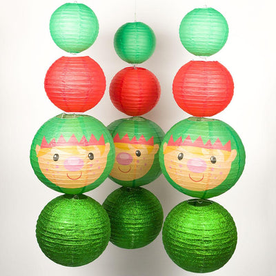 12-pc Green Elves Holiday Christmas Party Pack Paper Lanterns Combo Set - AsianImportStore.com - B2B Wholesale Lighting and Decor
