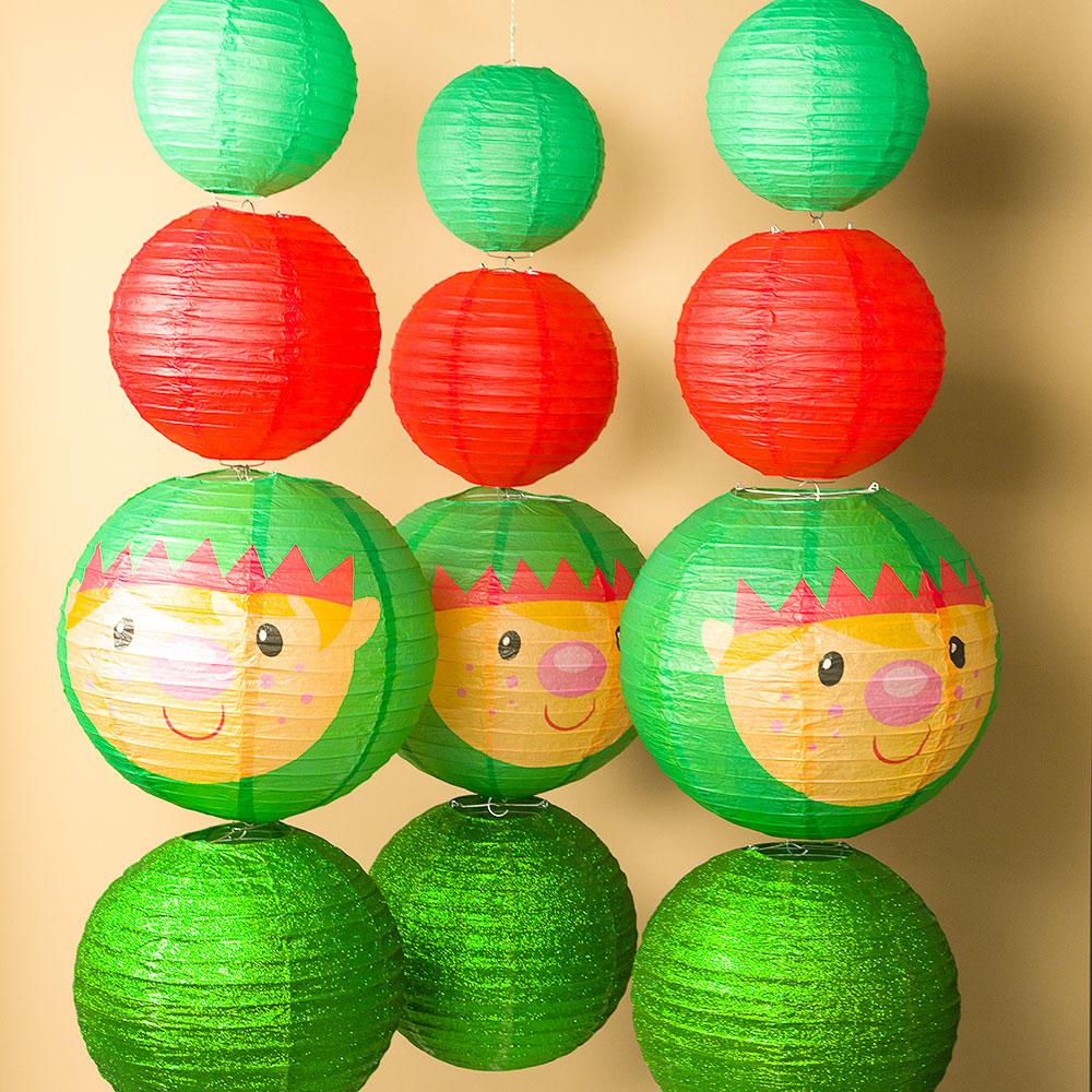  12-pc Green Elves Holiday Christmas Party Pack Paper Lanterns Combo Set - AsianImportStore.com - B2B Wholesale Lighting and Decor