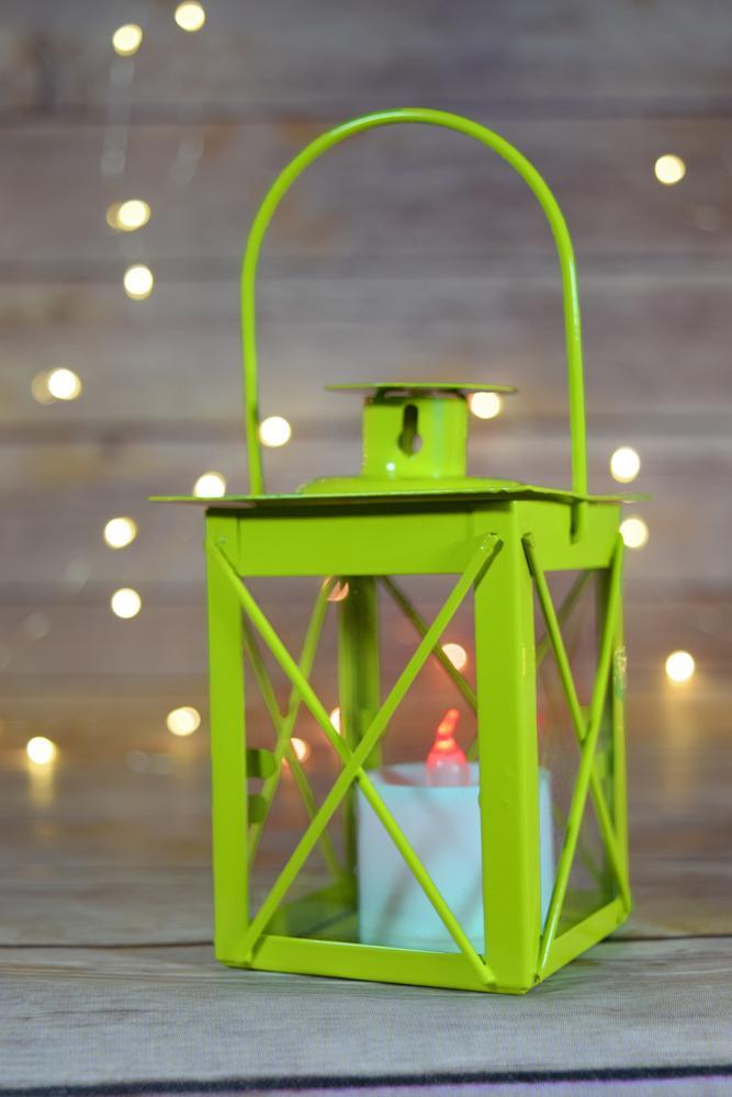 (Discontinued) (20 PACK) 4.5" Light Lime Square Hurricane Candle Lantern Tea Light Holder