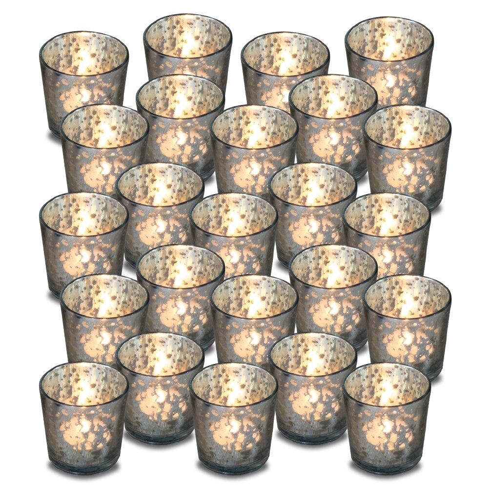 24 Pack | Vintage Mercury Glass Candle Holders (2.5-Inch, Lila Design, Liquid Motif, Silver) - For Use with Tea Lights - For Parties, Weddings and Homes - AsianImportStore.com - B2B Wholesale Lighting & Decor since 2002