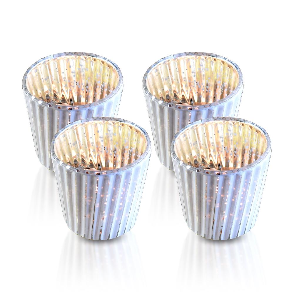 24 Pack | Vintage Mercury Glass Candle Holders (3-Inch, Caroline Design, Vertical Motif, Antique White) - For use with Tea Lights - Home Decor, Parties and Wedding Decorations - AsianImportStore.com - B2B Wholesale Lighting and Decor