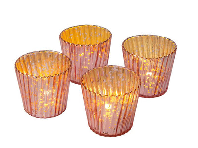24 Pack | Vintage Mercury Glass Candle Holders (3-Inch, Caroline Design, Vertical Motif, Rose Gold Pink) - For use with Tea Lights - Home Decor, Parties and Wedding Decorations - AsianImportStore.com - B2B Wholesale Lighting and Decor