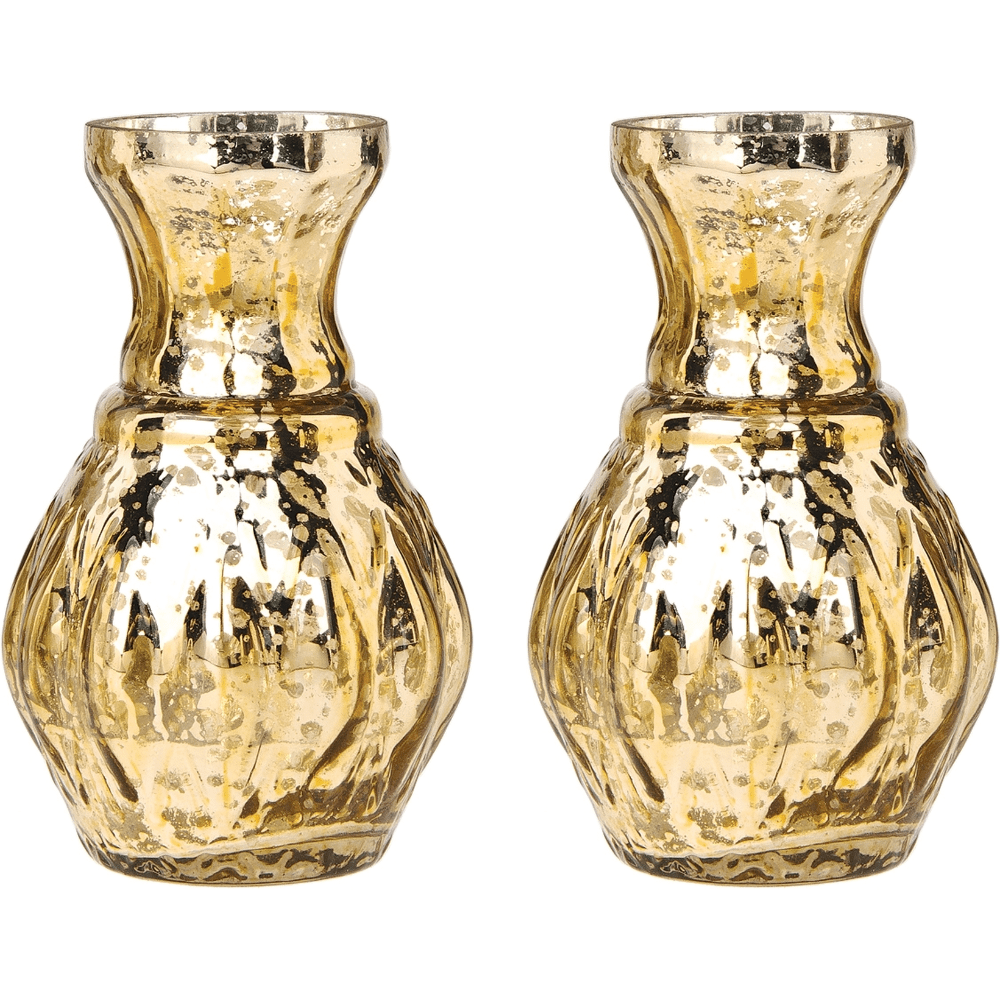 2 PACK | Vintage Mercury Glass Vase (4-Inch, Bernadette Mini Ribbed Design, Gold) - Decorative Flower Vase - For Home Decor and Wedding Centerpieces - AsianImportStore.com - B2B Wholesale Lighting and Decor