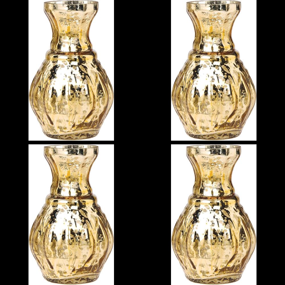 4 Pack | Vintage Mercury Glass Vase (4-Inch, Bernadette Mini Ribbed Design, Gold) - Decorative Flower Vase - For Home Decor and Wedding Centerpieces - AsianImportStore.com - B2B Wholesale Lighting and Decor